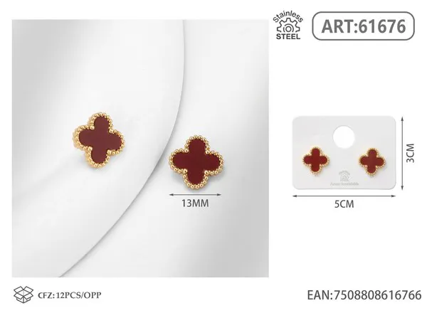 Aretes de trébol rojo vino de acero inoxidable