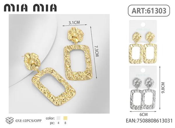 Aretes rectangulares texturizados con flor de aleación, dorados