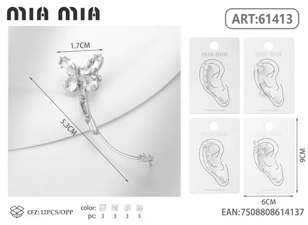 Broche para oreja con mariposas de cristal