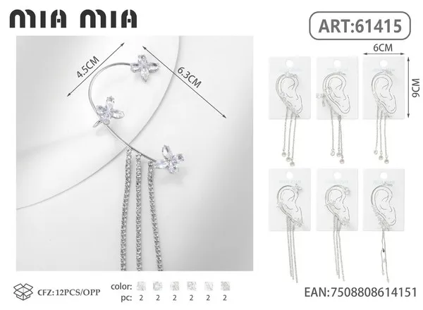 Broche para oreja con mariposas de cristal y borla