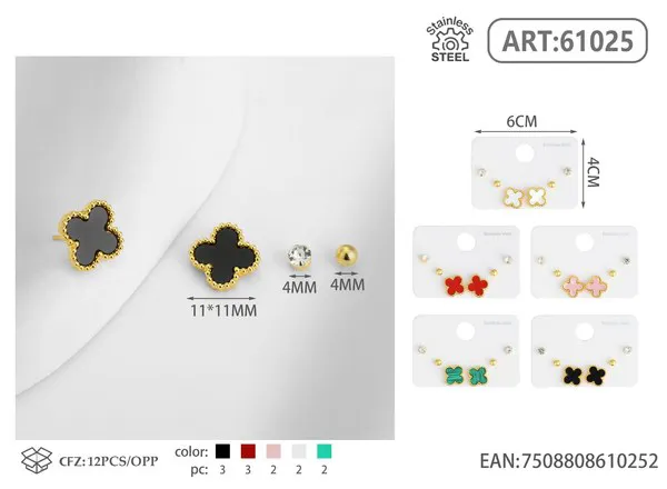 Set de aretes de trébol de acero inoxidable