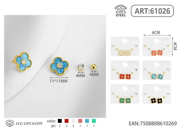 Set de aretes de trébol con circonias de acero inoxidable