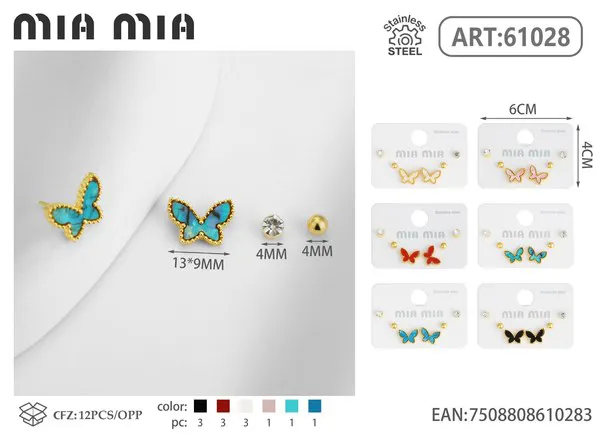 Set de aretes surtidos de mariposa de acero inoxidable