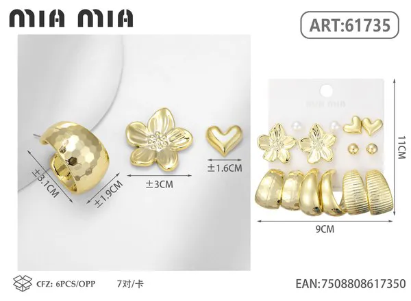 Set de aretes surtidos dorados con flor y corazón
