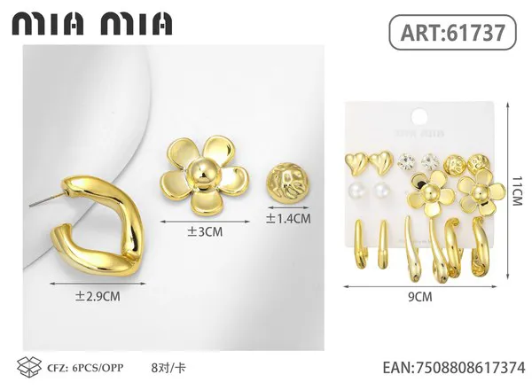 Set de aretes surtidos dorados con corazón y flor