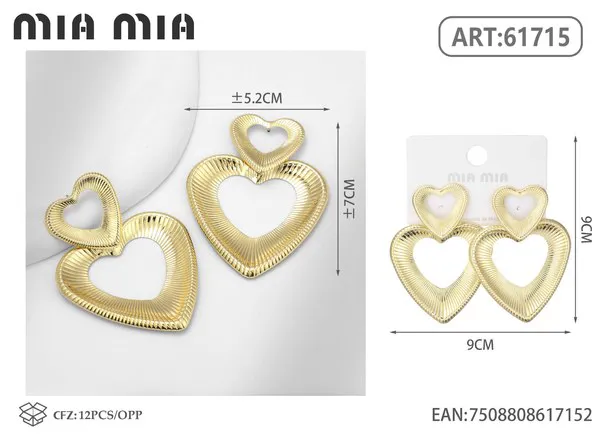 Aretes colgantes de doble corazon estriado, dorados