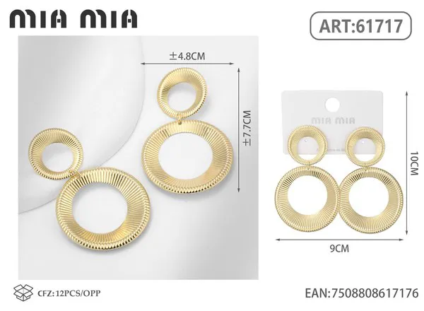 Aretes colgantes de dobles aros estriados, dorados