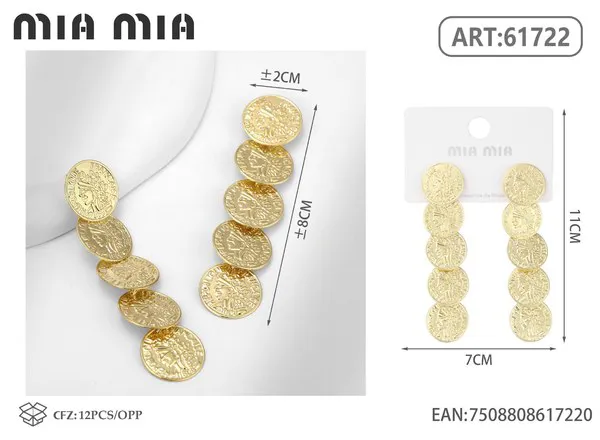 Aretes colgantes de cinco discos martillados, dorados