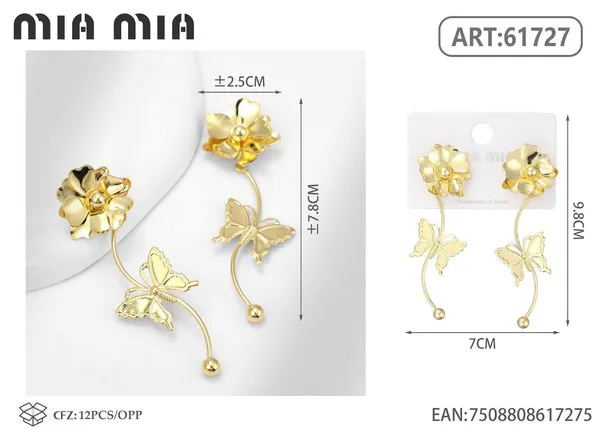 Aretes colgantes de flor y mariposa, dorados