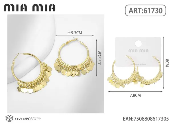 Argollas con flecos de corazones, doradas