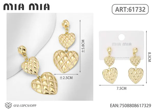 Aretes colgantes de doble corazon texturizado, dorados