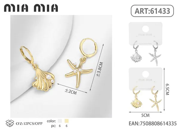 Argollas con colgante de concha y estrella de mar, doradas