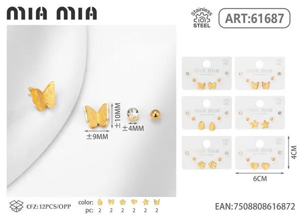 Juego de aretes surtidos de acero inoxidable, dorados