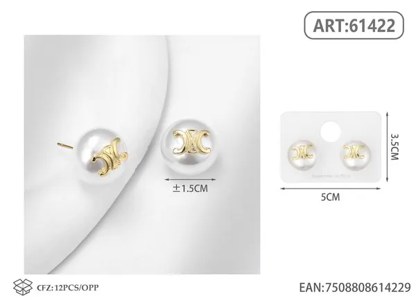 Aretes de perla con logo, dorados
