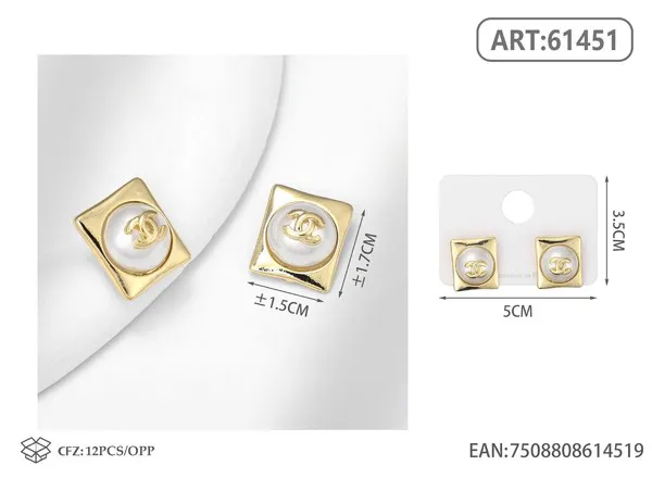 Aretes cuadrados con perla y logo, dorados