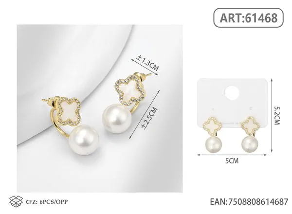 Aretes de trébol de concha con perla, dorados