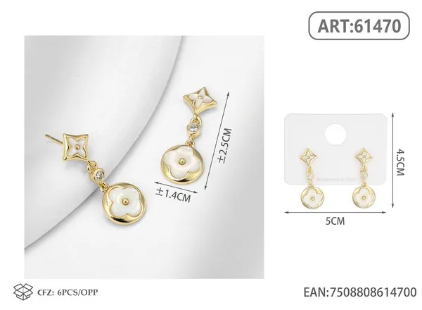 Aretes de trébol de concha con colgante, dorados
