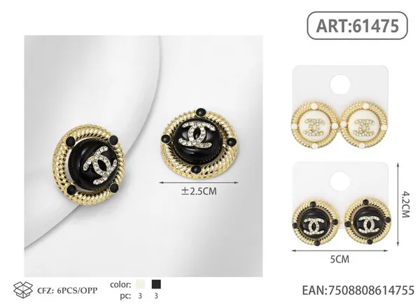 Aretes redondos de marca en negro y dorado