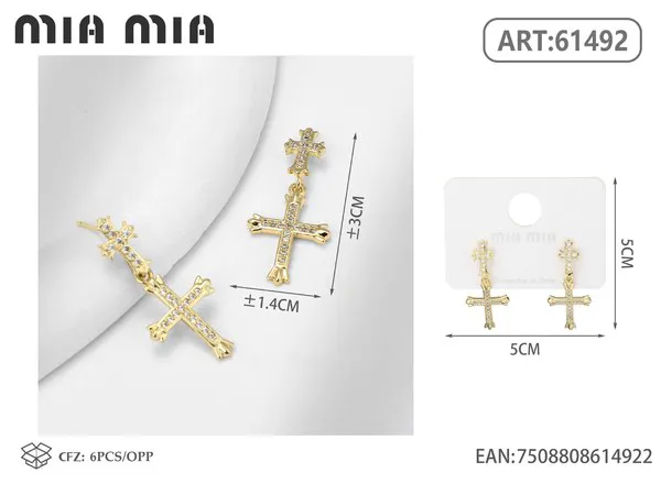 Aretes largos de cruz dorados con circonias