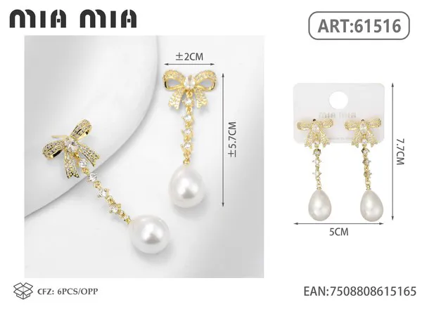 Aretes largos de moño con perla, dorados