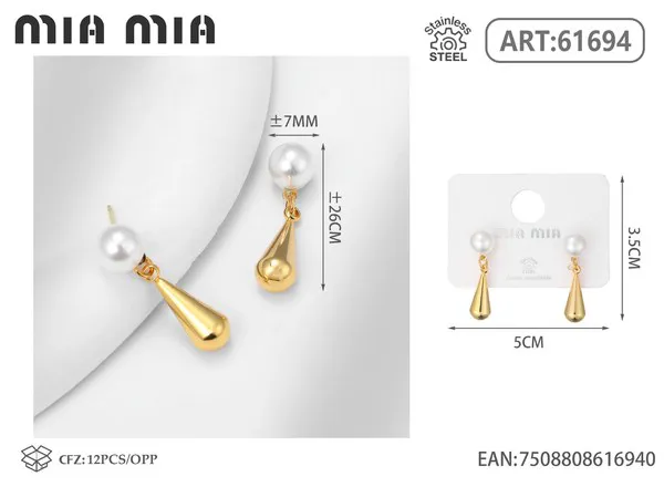Aretes colgantes de perla y gota dorada