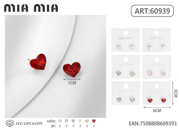 Aretes de corazón de cristal rojo