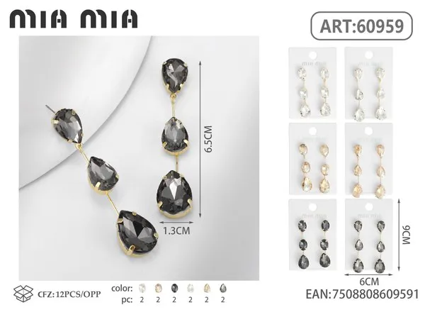 Aretes colgantes largos de cristal gris ahumado