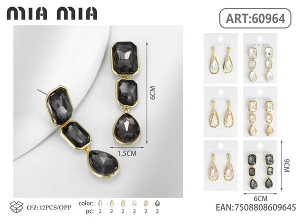 Aretes colgantes de gota de cristal gris ahumado