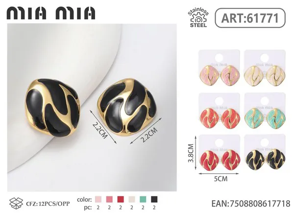 Aretes redondos de esmalte con diseño dorado