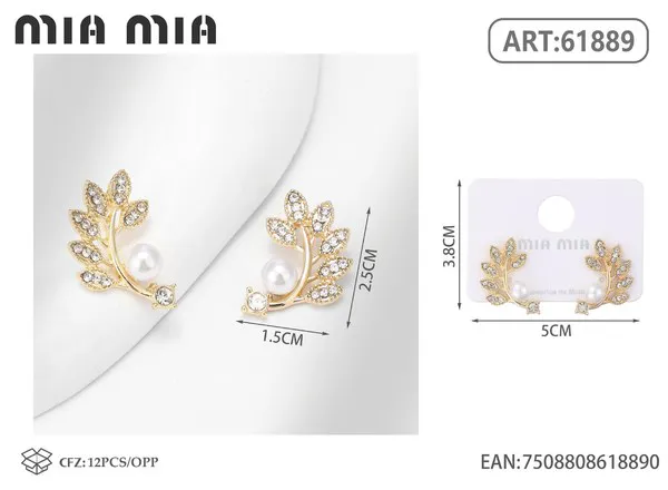 Aretes de hoja con circonias y perla
