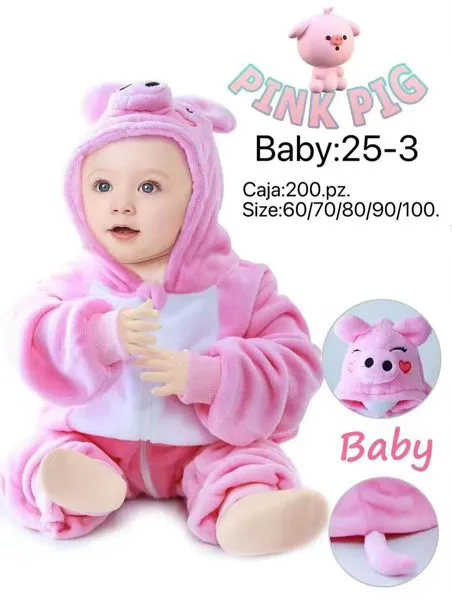 Mameluco con capucha de felpa coral para bebé, diseño de cerdito, rosa
