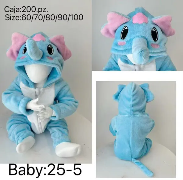Mameluco con capucha de felpa coral para bebé, diseño de elefantito, azul