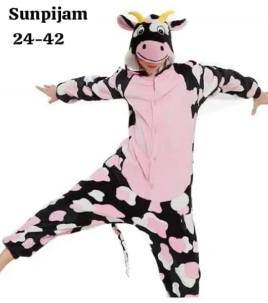 Mameluco con capucha de felpa coral para niña, diseño de vaquita, rosa con negro