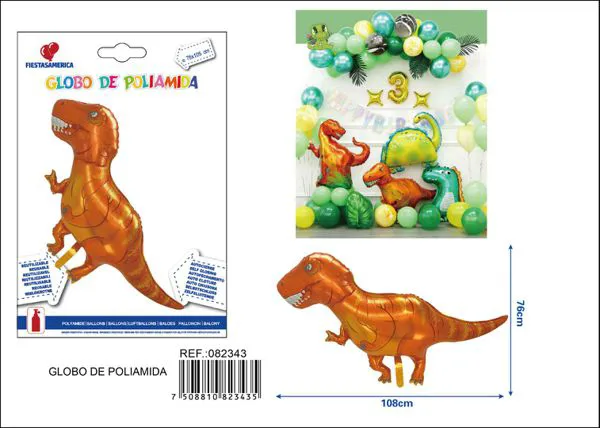 Globo metálico de tiranosaurio amarillo