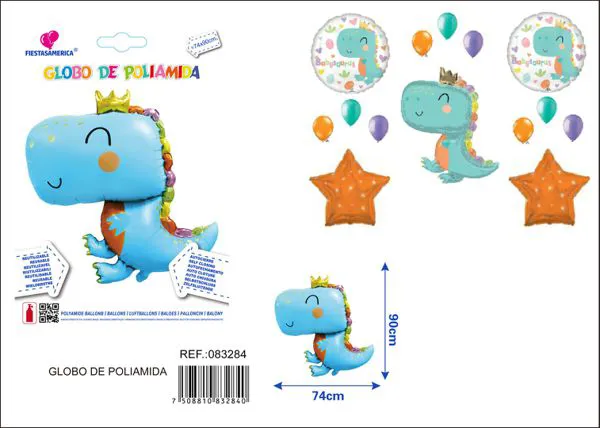 Globo metálico de dinosaurio con corona azul
