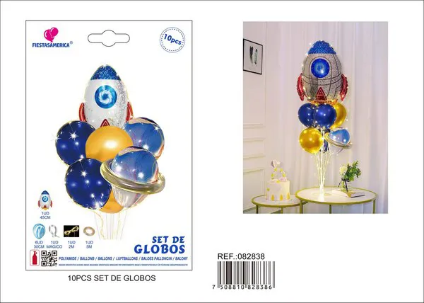 Set de globos metálicos y de látex de cohete