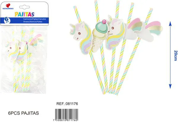 Popotes desechables de unicornio con brillo
