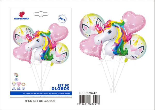 Set de globos metálicos de unicornio y corazones
