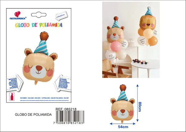 Globo metálico de osito con gorro de cumpleaños
