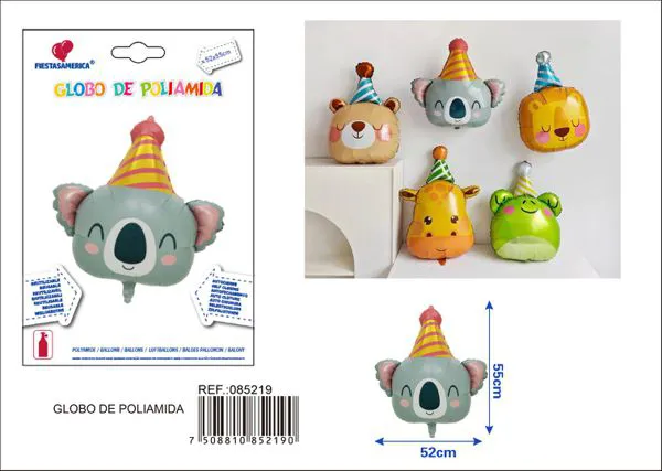 Globo metálico de koala con gorro de cumpleaños