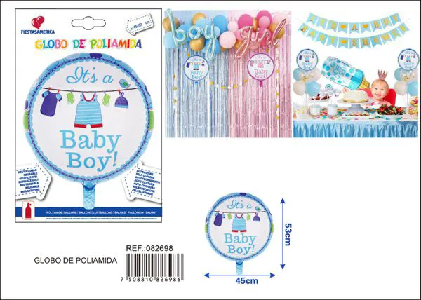 Globo metálico redondo de ropa de bebé niño azul