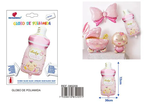Globo metálico de biberón niña rosa
