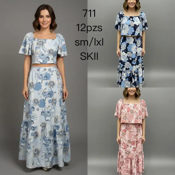 Conjunto de Top y Falda Larga con Estampado Floral-711