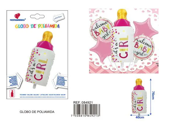 Globo metálico de biberón rosa