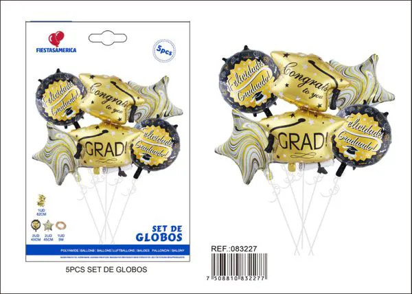 Set de globos metálicos de birrete dorado de graduación