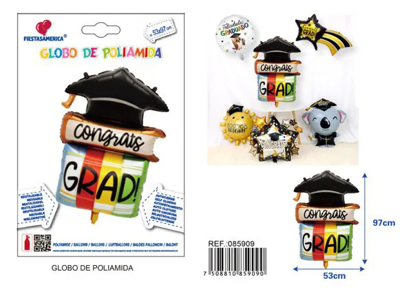 Globo metálico de birrete y libro de graduación