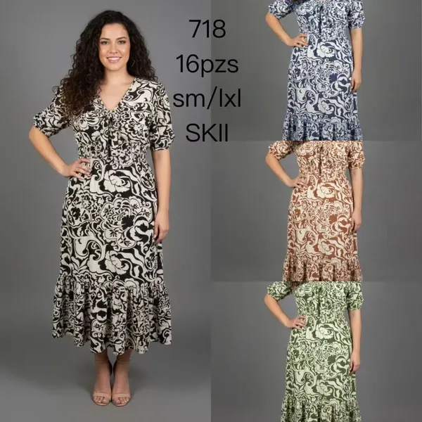 Vestido de manga corta con volantes y estampado-718