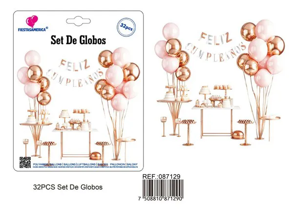 Set de globos con guirnalda de Feliz Cumpleaños oro rosa y plateado