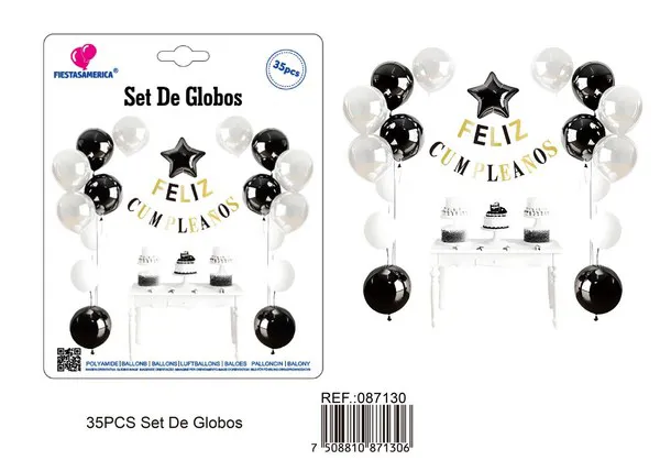 Set de globos con guirnalda de Feliz Cumpleaños negro y plateado