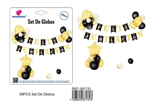 Set de globos con guirnalda de Feliz Jubilación negro y dorado